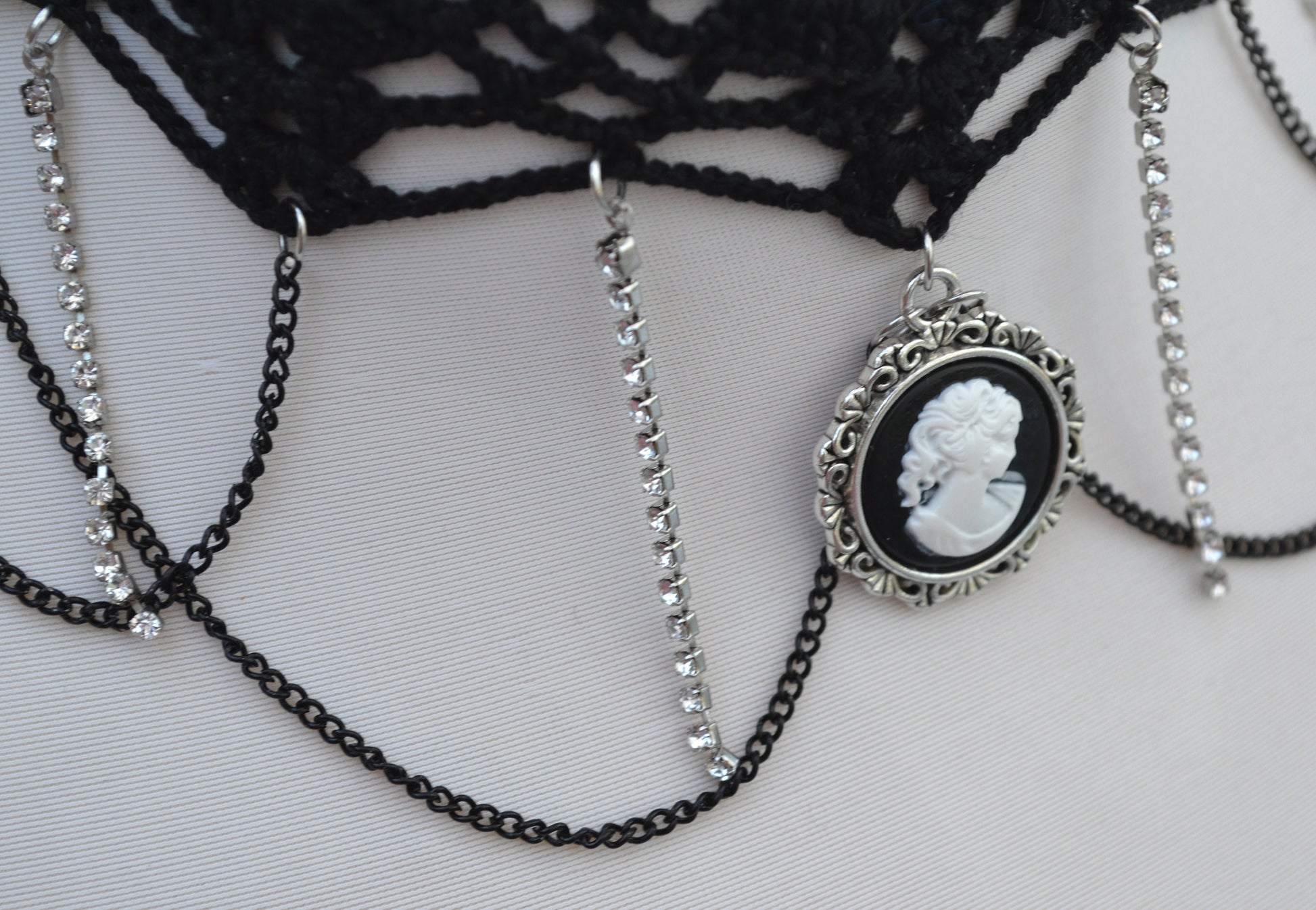 Black necklace choker with cameo pendant, Black necklace for women, Choker necklace Black, Black statement necklace, Cotton Choker, Gothic