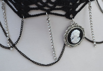 Black necklace choker with cameo pendant, Black necklace for women, Choker necklace Black, Black statement necklace, Cotton Choker, Gothic
