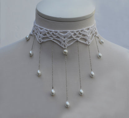 Crochet Necklace for Women, Crocheted Cotton Necklace, Cotton Choker , Yarn Necklace, White statement necklace,Wedding, Gift for Her