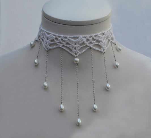 Crochet Necklace for Women, Crocheted Cotton Necklace, Cotton Choker , Yarn Necklace, White statement necklace,Wedding, Gift for Her