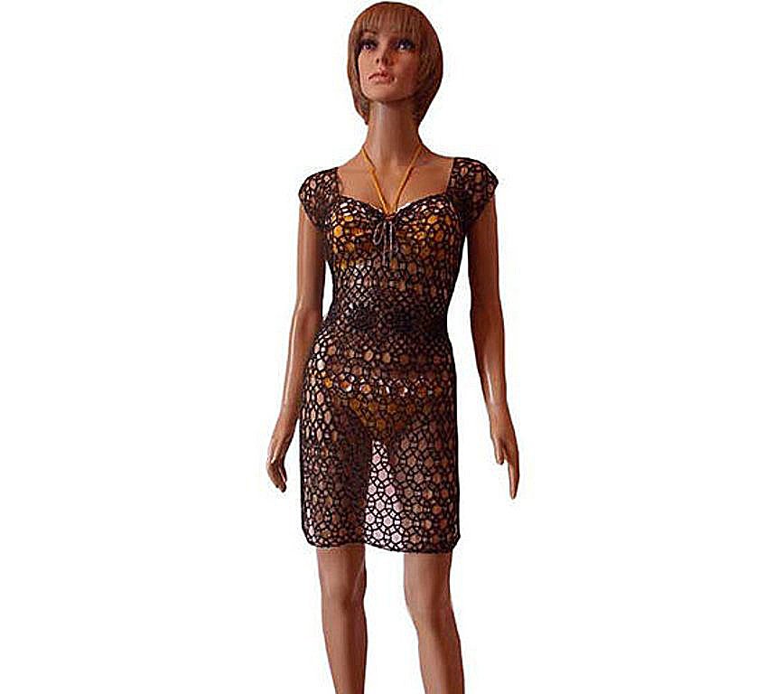 Black crochet beach cover up dress with silver thread