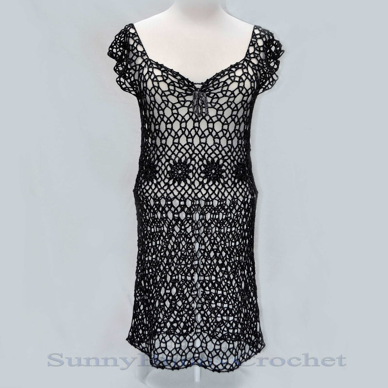 CROCHETED DRESS BEACH Cover Up Sexy Cotton Lace Openwork Short Knit Tunic Cover Summer Party Mini Dress Top Women Lady Flowers Net Boho S, L