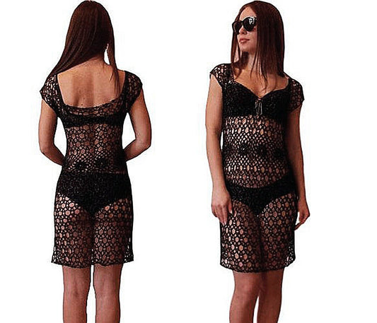 Black crochet beach cover up dress with silver thread