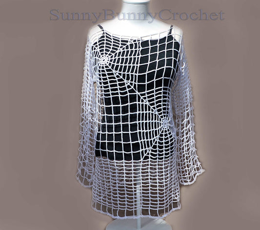 White crochet spider web tunic beach cover up for women