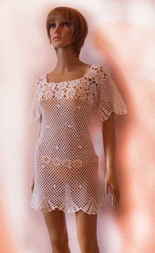 White crochet flower beach cover up dress for women