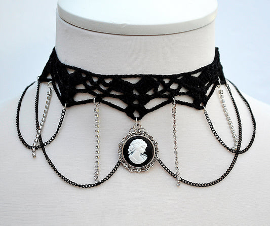 Black necklace choker with cameo pendant, Black necklace for women, Choker necklace Black, Black statement necklace, Cotton Choker, Gothic
