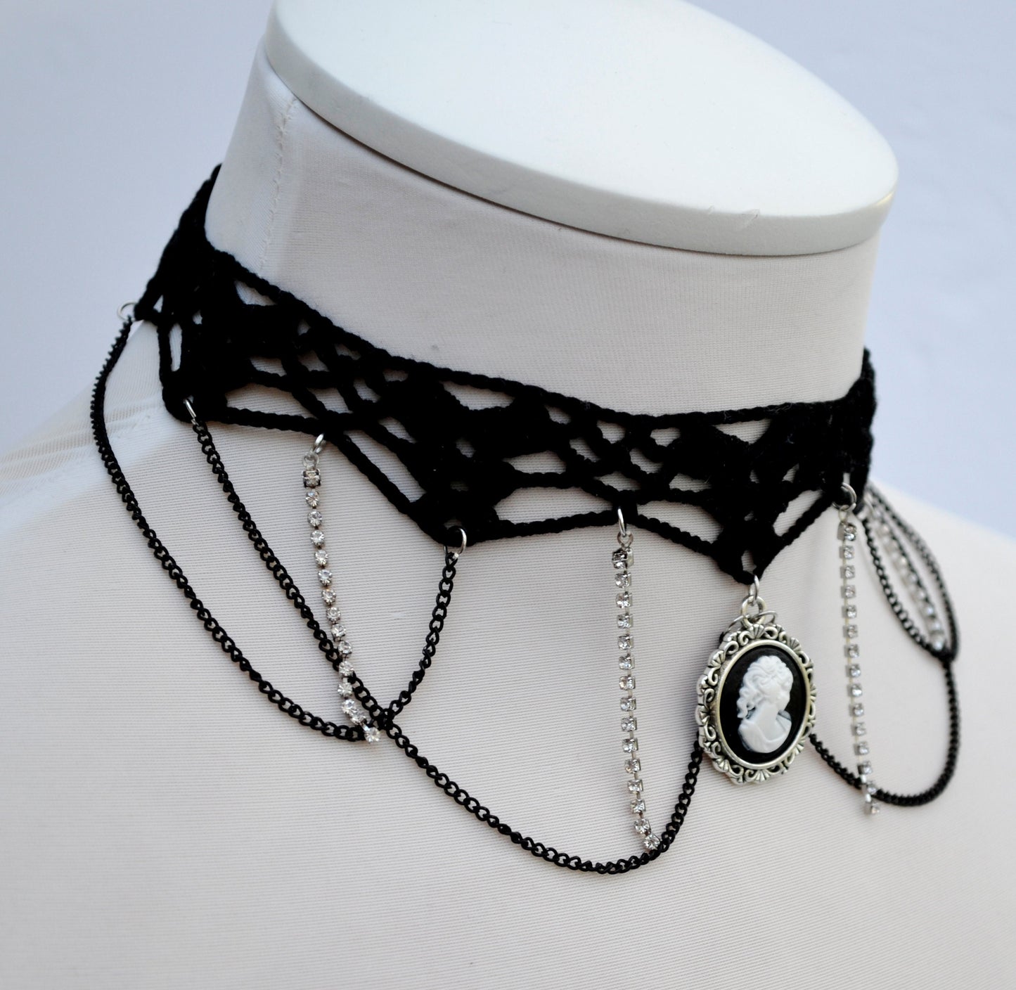 Black necklace choker with cameo pendant, Black necklace for women, Choker necklace Black, Black statement necklace, Cotton Choker, Gothic