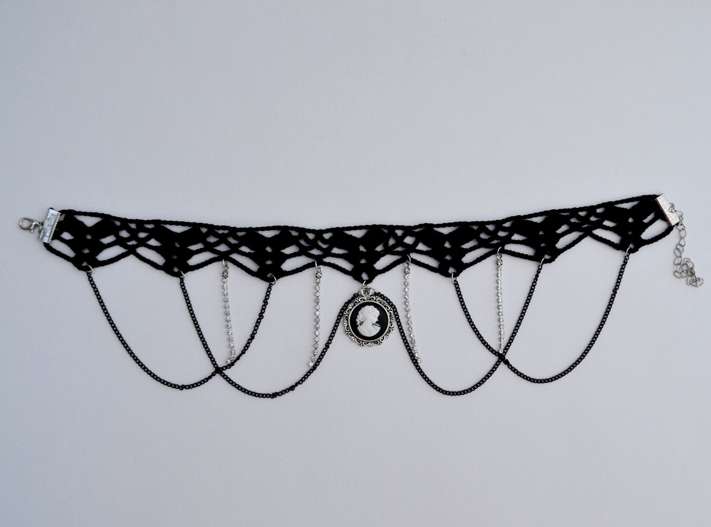 Black necklace choker with cameo pendant, Black necklace for women, Choker necklace Black, Black statement necklace, Cotton Choker, Gothic