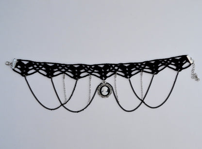 Black necklace choker with cameo pendant, Black necklace for women, Choker necklace Black, Black statement necklace, Cotton Choker, Gothic