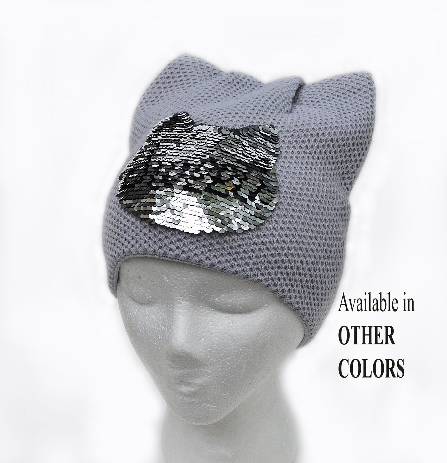 Cat Hat Beanie with Reversible Changeable Sequin Applique, Cat Ears, Cat Ear Hat, Women Cat Beanie, Cat Ear Beanie, Cable Knit Hat, Ears Hat