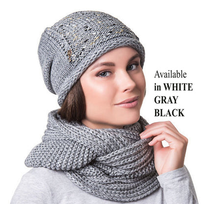 Fleece Lined Knit Hat and Infinity Scarf Set: Wool Blend Slouchy Beanie