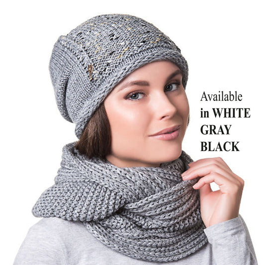 Fleece Lined Knit Hat and Infinity Scarf Set: Wool Blend Slouchy Beanie