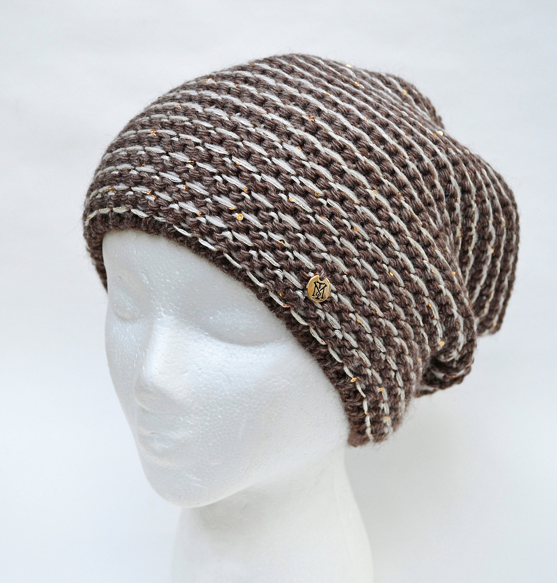 Sequin Wool Slouchy Beanie, Chunky Knit Fleece Lined Winter Hat