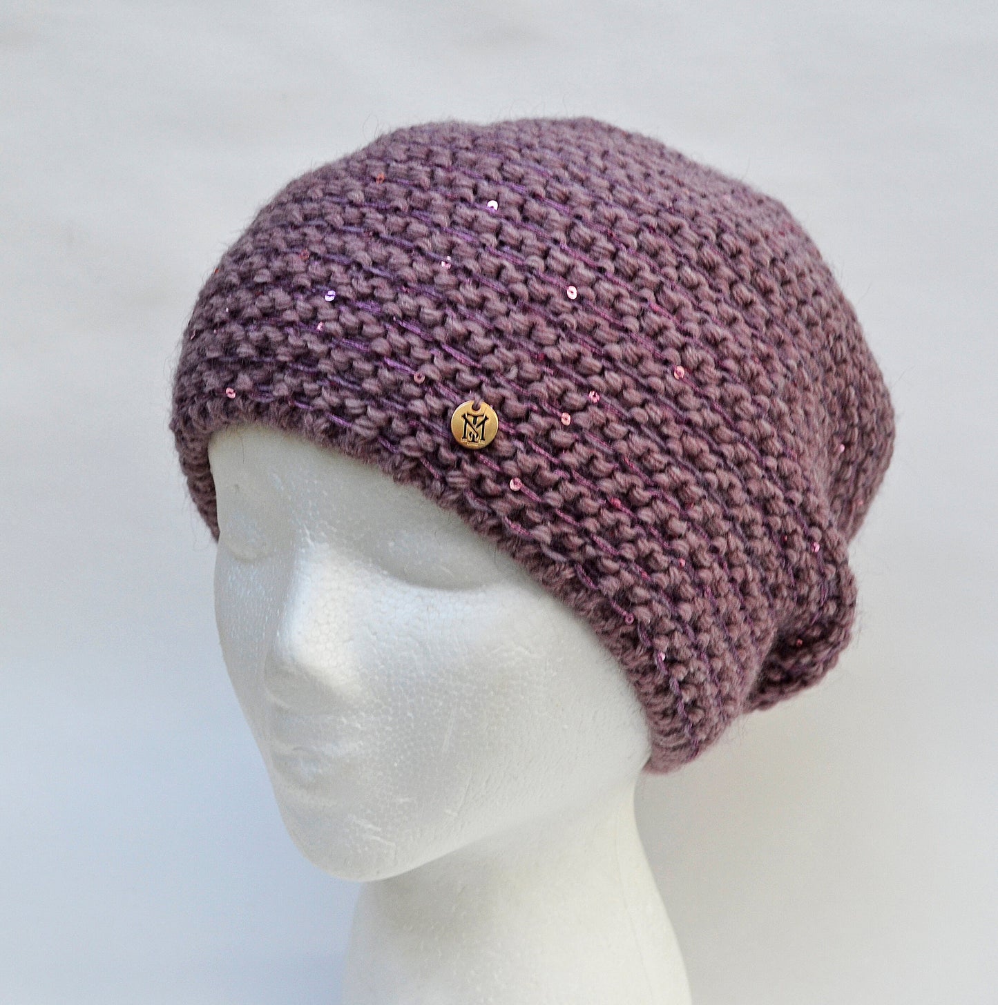Sequin Wool Slouchy Beanie, Chunky Knit Fleece Lined Winter Hat