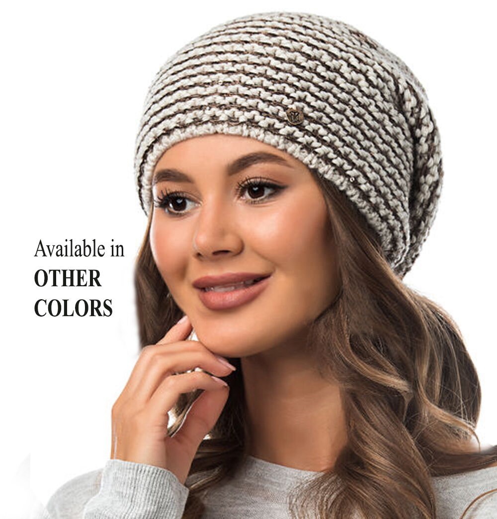 Sequin Wool Slouchy Beanie, Chunky Knit Fleece Lined Winter Hat