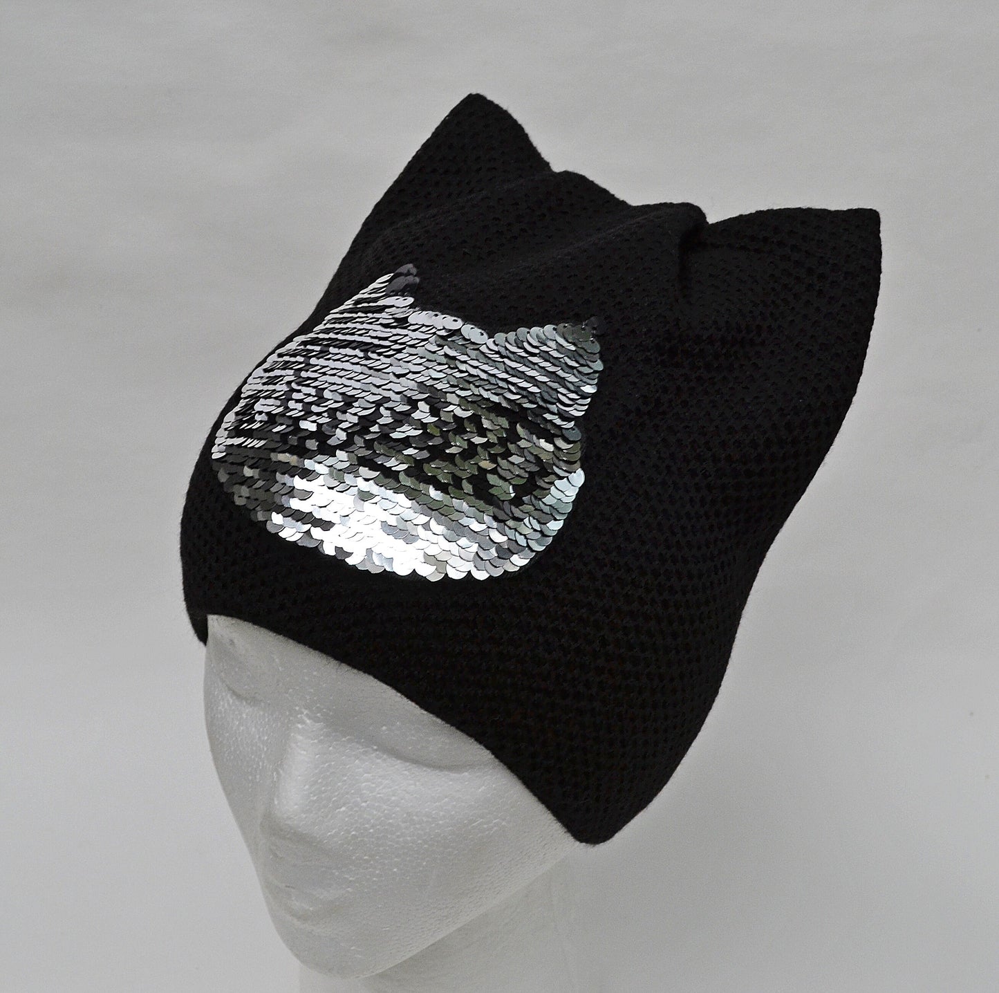 Cat Hat Beanie with Reversible Changeable Sequin Applique, Cat Ears, Cat Ear Hat, Women Cat Beanie, Cat Ear Beanie, Cable Knit Hat, Ears Hat