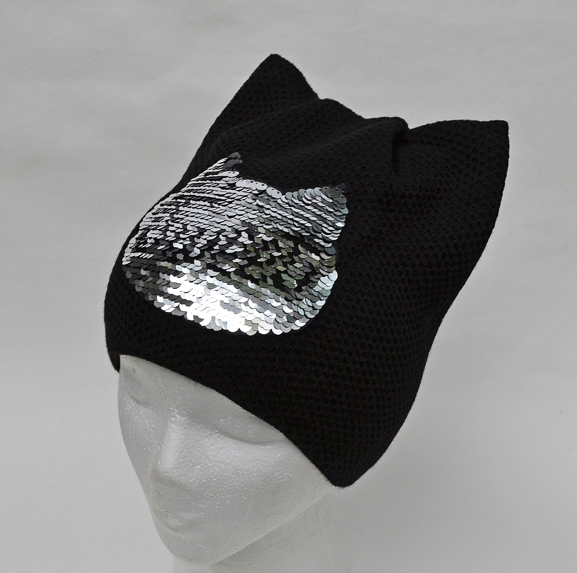 Cat Hat Beanie with Reversible Changeable Sequin Applique, Cat Ears, Cat Ear Hat, Women Cat Beanie, Cat Ear Beanie, Cable Knit Hat, Ears Hat
