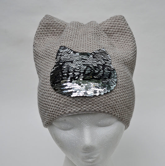 Cat Hat Beanie with Reversible Changeable Sequin Applique, Cat Ears, Cat Ear Hat, Women Cat Beanie, Cat Ear Beanie, Cable Knit Hat, Ears Hat
