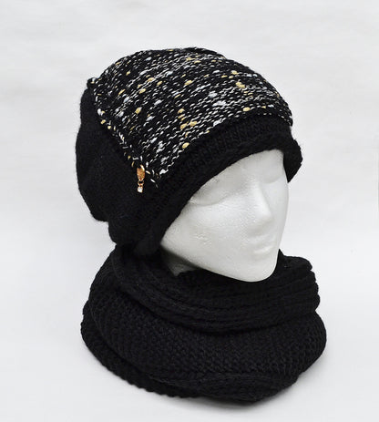 Fleece Lined Knit Hat and Infinity Scarf Set: Wool Blend Slouchy Beanie