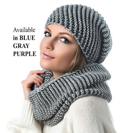 WINTER WOMAN HAT and Infinity Scarf Set, Diagonal Rib Hat, Winter Woman Beanie, Beanie Hat, Winter Accessories, Chunky Hat, Black Woman Hat