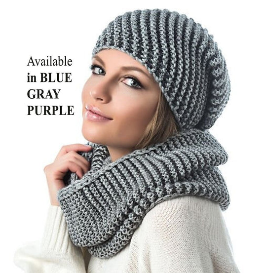 WINTER WOMAN HAT and Infinity Scarf Set, Diagonal Rib Hat, Winter Woman Beanie, Beanie Hat, Winter Accessories, Chunky Hat, Black Woman Hat