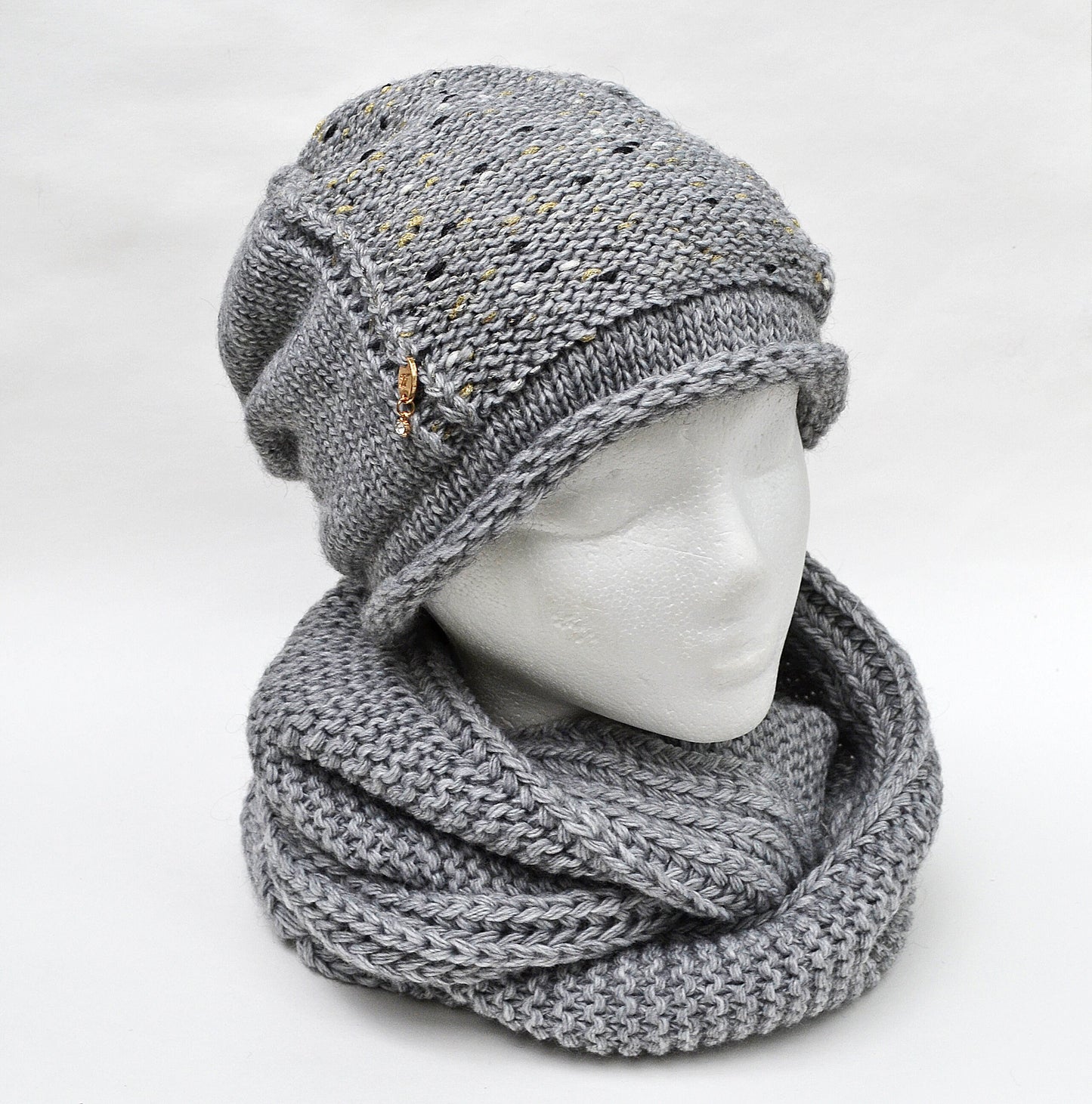 Fleece Lined Knit Hat and Infinity Scarf Set: Wool Blend Slouchy Beanie