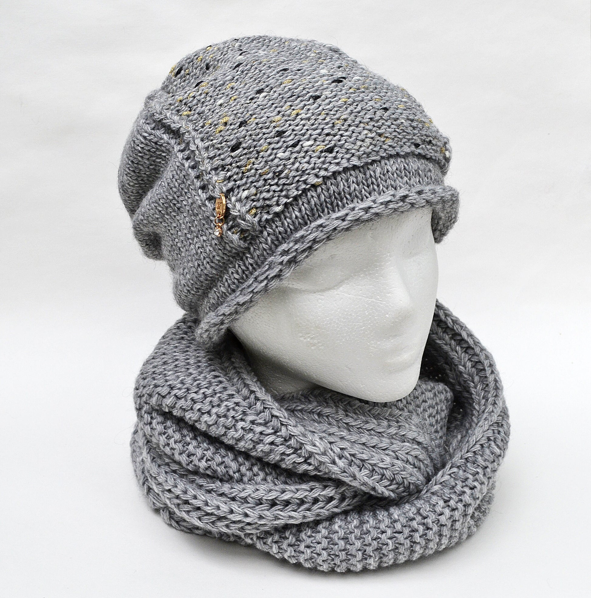 Fleece Lined Knit Hat and Infinity Scarf Set: Wool Blend Slouchy Beanie