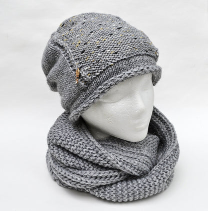 Fleece Lined Knit Hat and Infinity Scarf Set: Wool Blend Slouchy Beanie