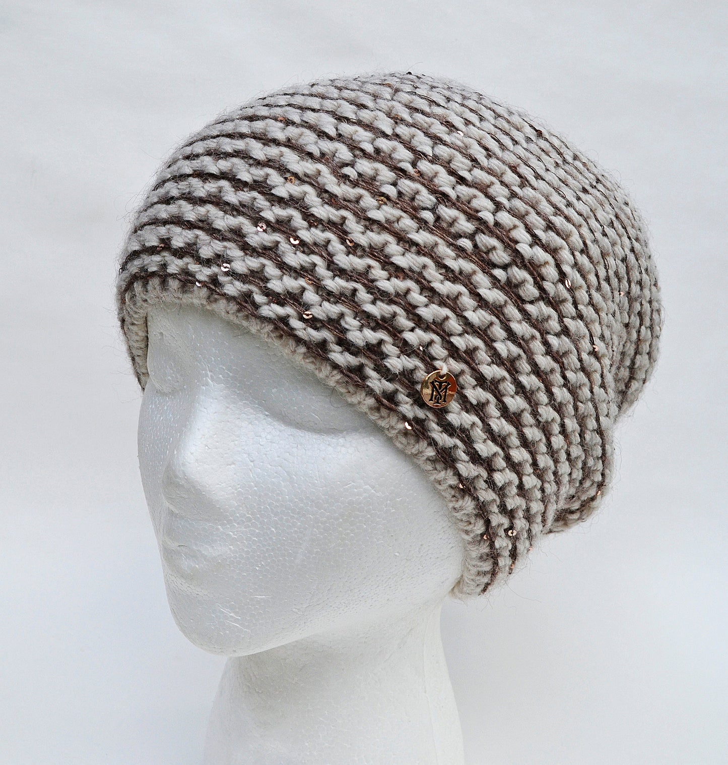 Sequin Wool Slouchy Beanie, Chunky Knit Fleece Lined Winter Hat