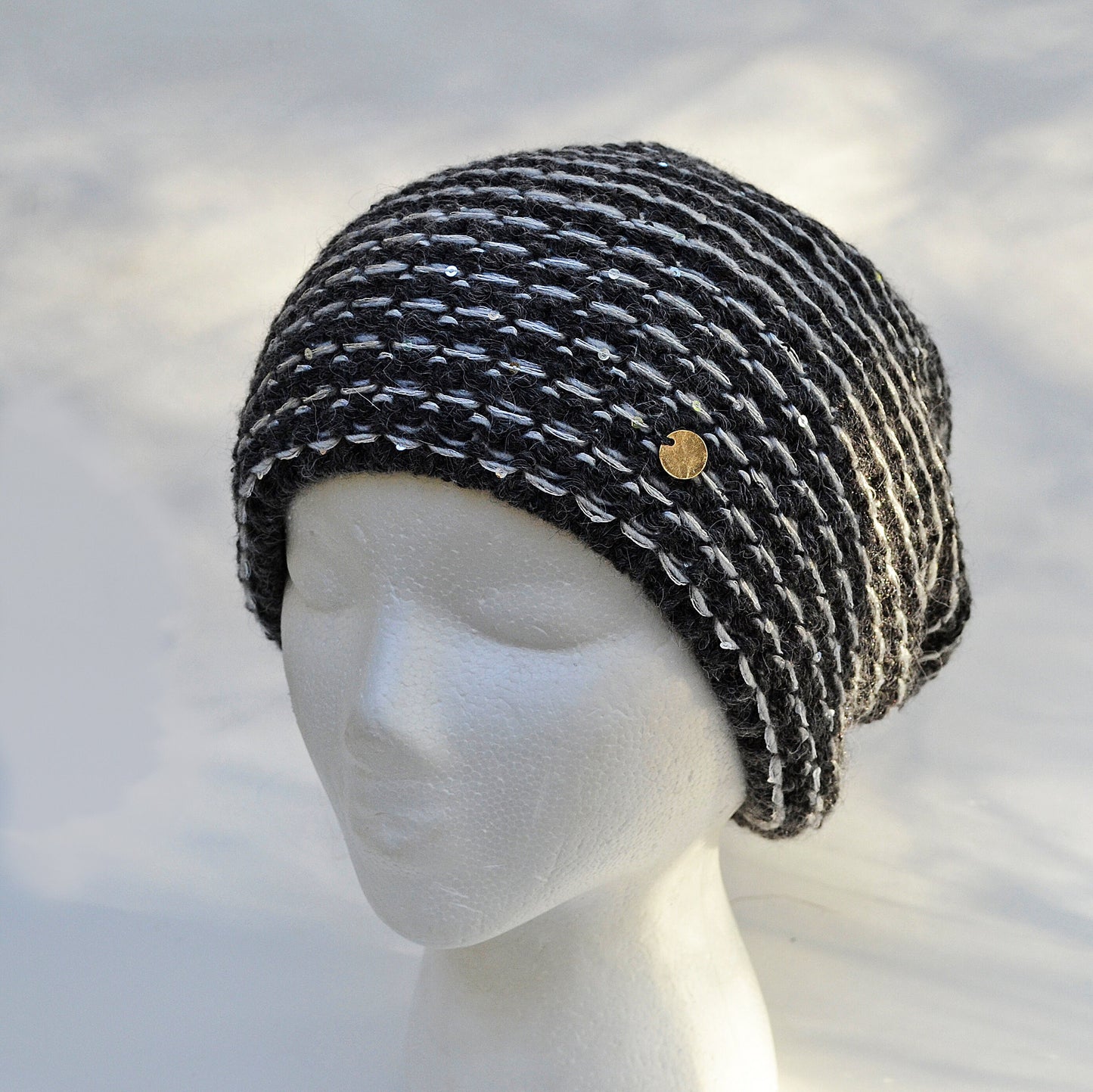 Sequin Wool Slouchy Beanie, Chunky Knit Fleece Lined Winter Hat