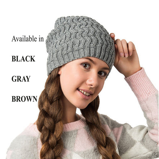 KNITTED CABLE BEANIE Woman Girl Slouchy Hat Gift for Her Winter Wool Accessories Chunky Hat Fleece Lining Ready to Ship Warm Gray Brown