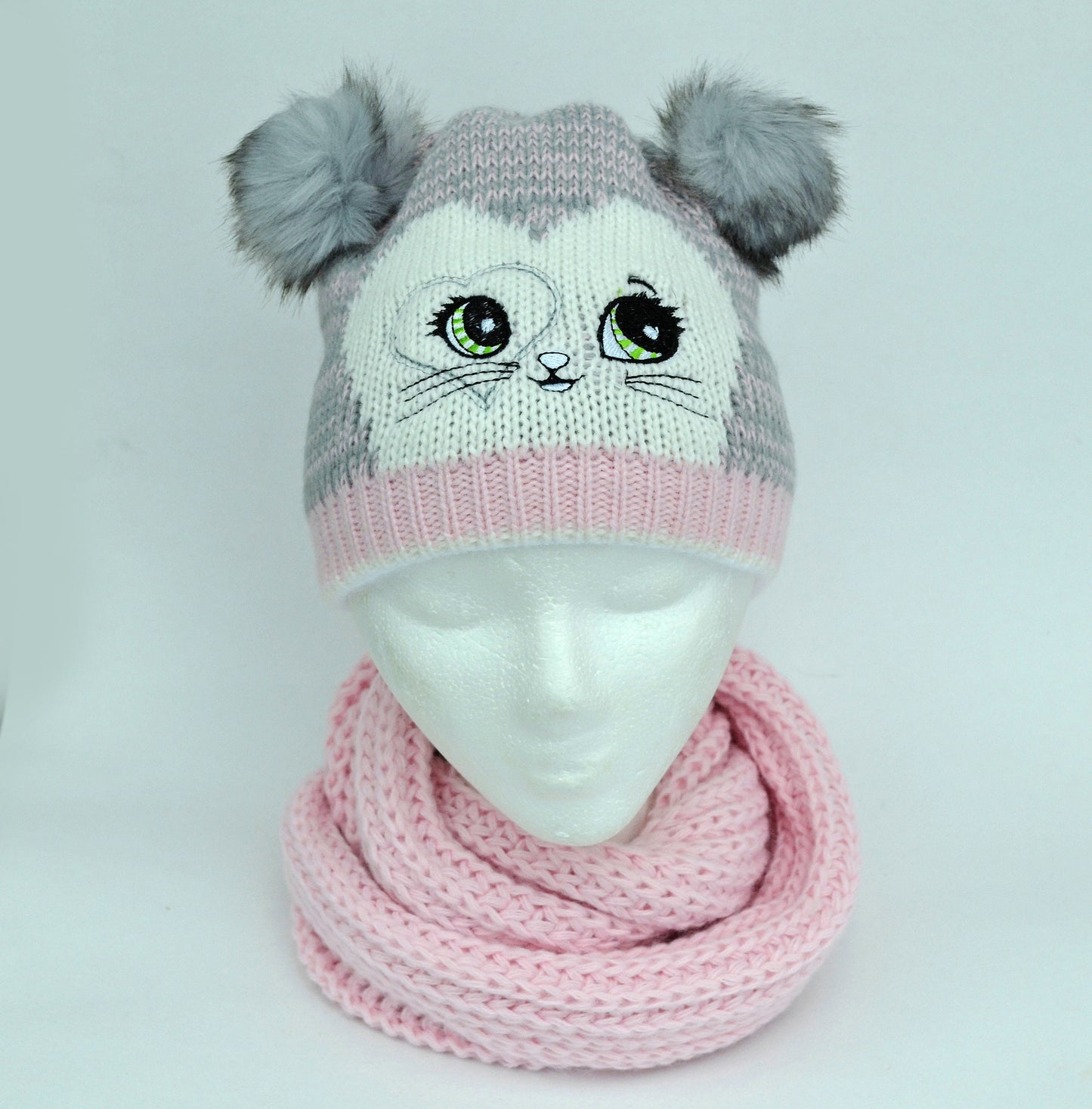 GIRLS HAT and Scarf with Cat Ears, Cat knitted Hat, Pom Pom Hat, Girl Hat, Child Winter Set, Knitted Scarf, Pom Pom Beanie, Toddler Girl Hat