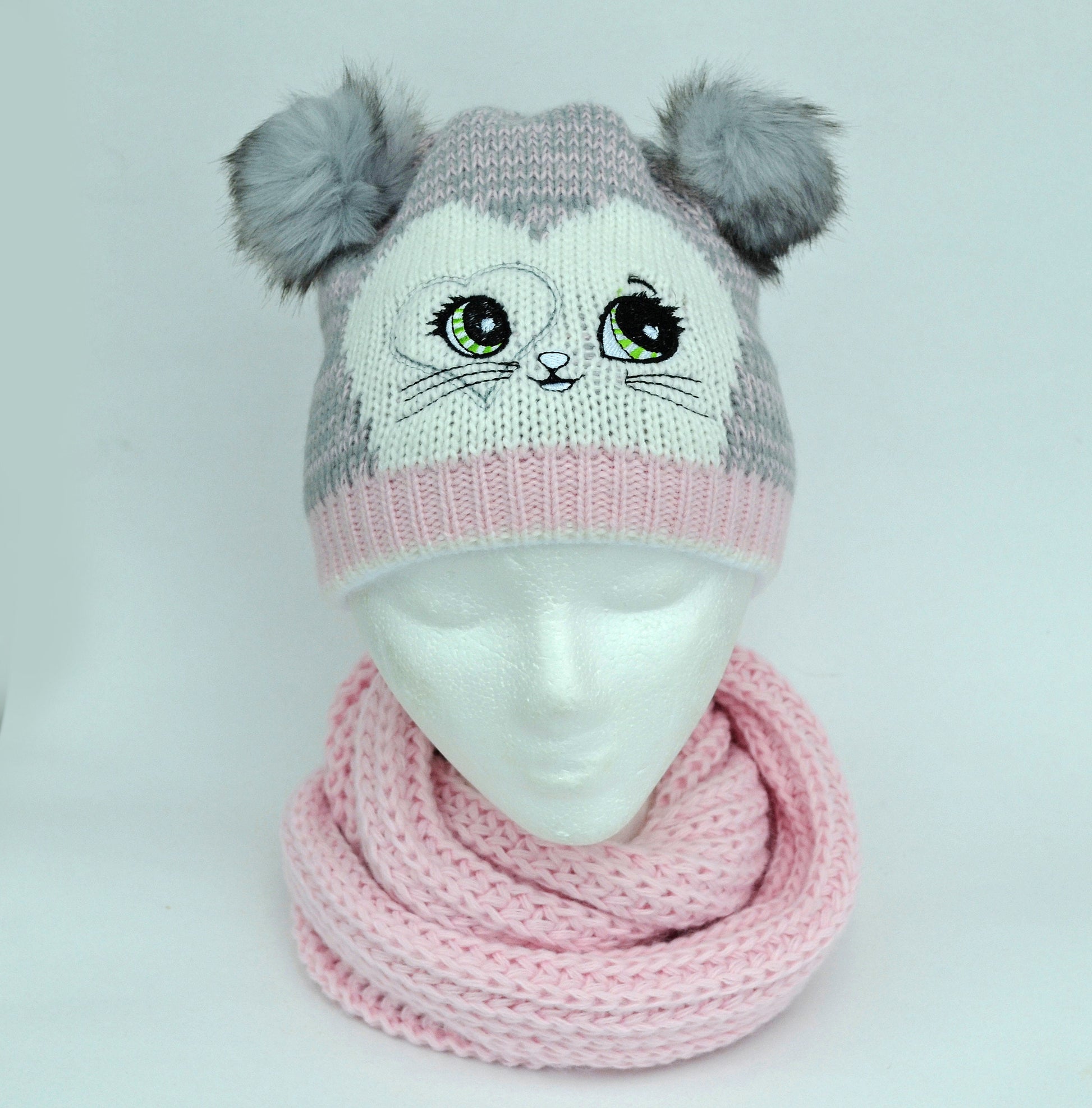 GIRLS HAT and Scarf with Cat Ears, Cat knitted Hat, Pom Pom Hat, Girl Hat, Child Winter Set, Knitted Scarf, Pom Pom Beanie, Toddler Girl Hat