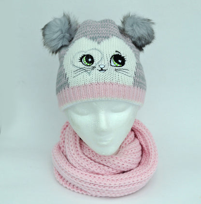 GIRLS HAT and Scarf with Cat Ears, Cat knitted Hat, Pom Pom Hat, Girl Hat, Child Winter Set, Knitted Scarf, Pom Pom Beanie, Toddler Girl Hat