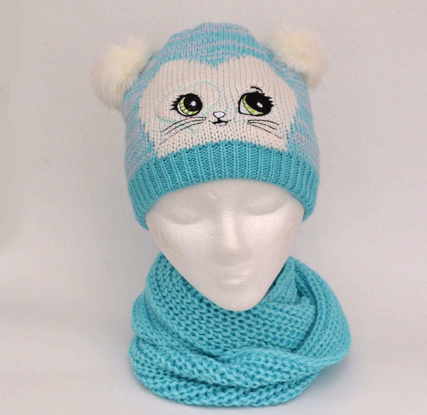 GIRLS HAT and Scarf with Cat Ears, Cat knitted Hat, Pom Pom Hat, Girl Hat, Child Winter Set, Knitted Scarf, Pom Pom Beanie, Toddler Girl Hat