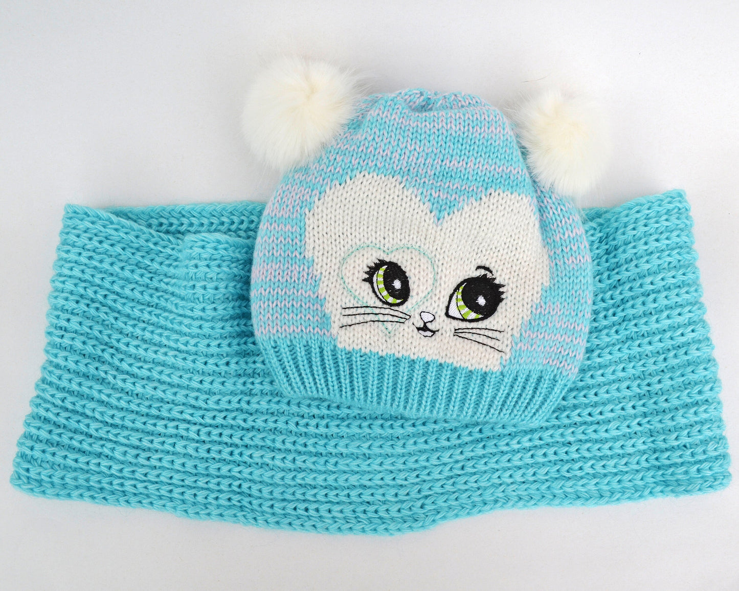 GIRLS HAT and Scarf with Cat Ears, Cat knitted Hat, Pom Pom Hat, Girl Hat, Child Winter Set, Knitted Scarf, Pom Pom Beanie, Toddler Girl Hat
