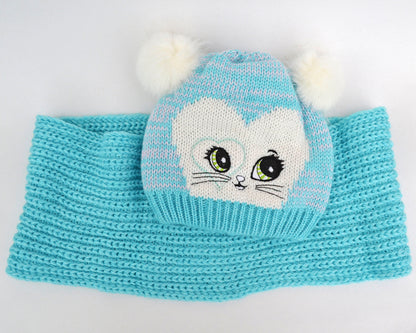 GIRLS HAT and Scarf with Cat Ears, Cat knitted Hat, Pom Pom Hat, Girl Hat, Child Winter Set, Knitted Scarf, Pom Pom Beanie, Toddler Girl Hat