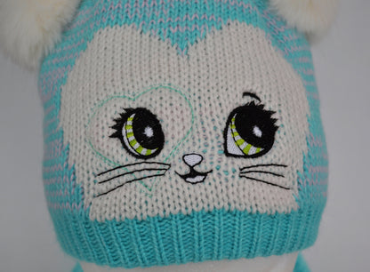 GIRLS HAT and Scarf with Cat Ears, Cat knitted Hat, Pom Pom Hat, Girl Hat, Child Winter Set, Knitted Scarf, Pom Pom Beanie, Toddler Girl Hat