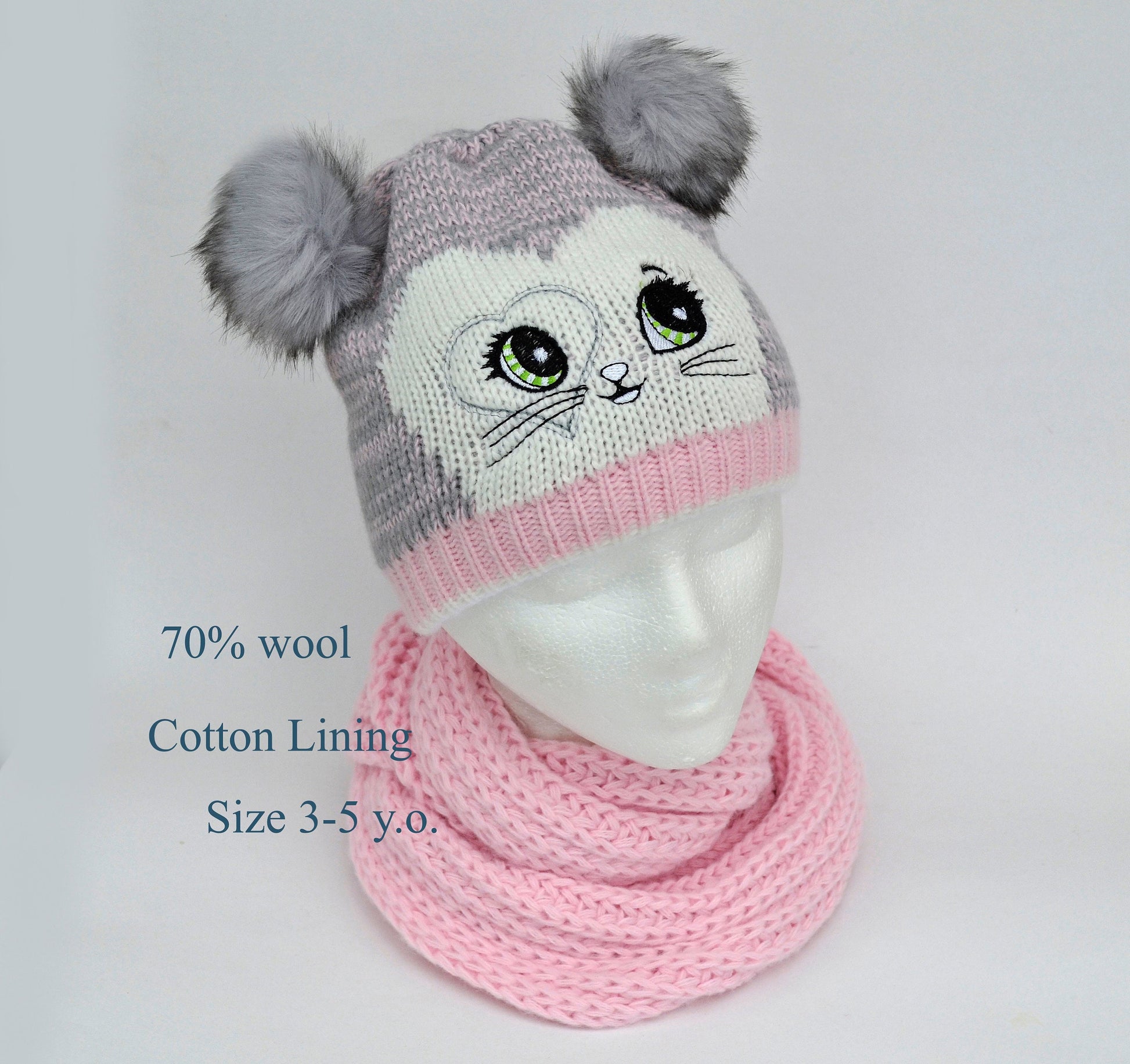 GIRLS HAT and Scarf with Cat Ears, Cat knitted Hat, Pom Pom Hat, Girl Hat, Child Winter Set, Knitted Scarf, Pom Pom Beanie, Toddler Girl Hat