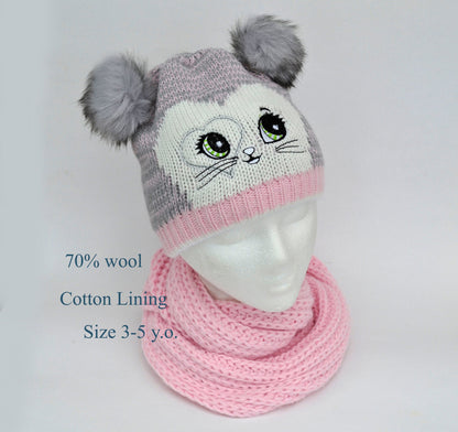 GIRLS HAT and Scarf with Cat Ears, Cat knitted Hat, Pom Pom Hat, Girl Hat, Child Winter Set, Knitted Scarf, Pom Pom Beanie, Toddler Girl Hat