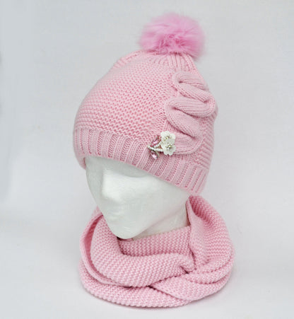 Crochet Girl Winter Hat and Scarf Set, Wool Blend Kids Beanie & Infinity Scarf, Faux Fur Pom Pom, Toddler 3-8 Gift