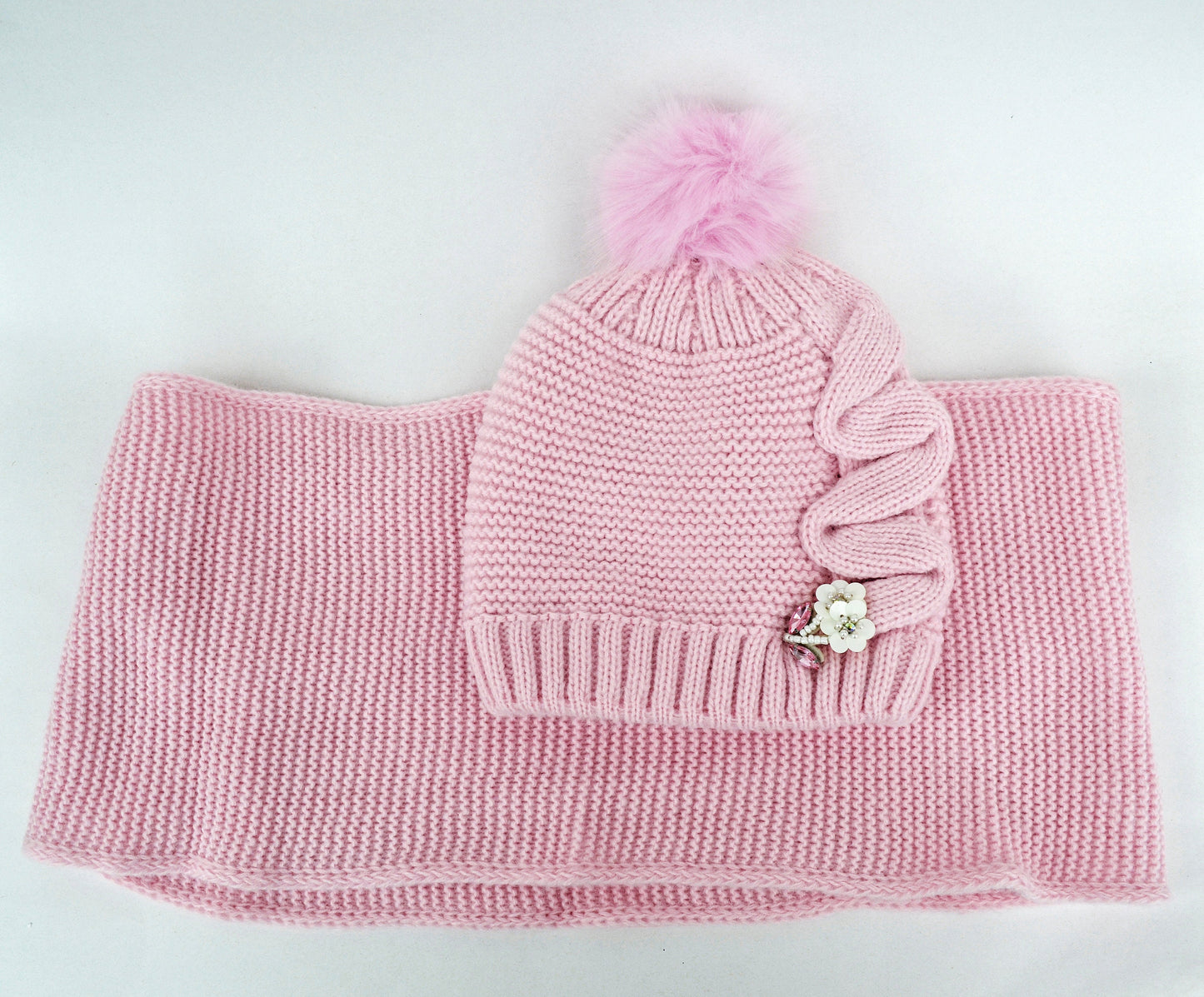 Crochet Girl Winter Hat and Scarf Set, Wool Blend Kids Beanie & Infinity Scarf, Faux Fur Pom Pom, Toddler 3-8 Gift