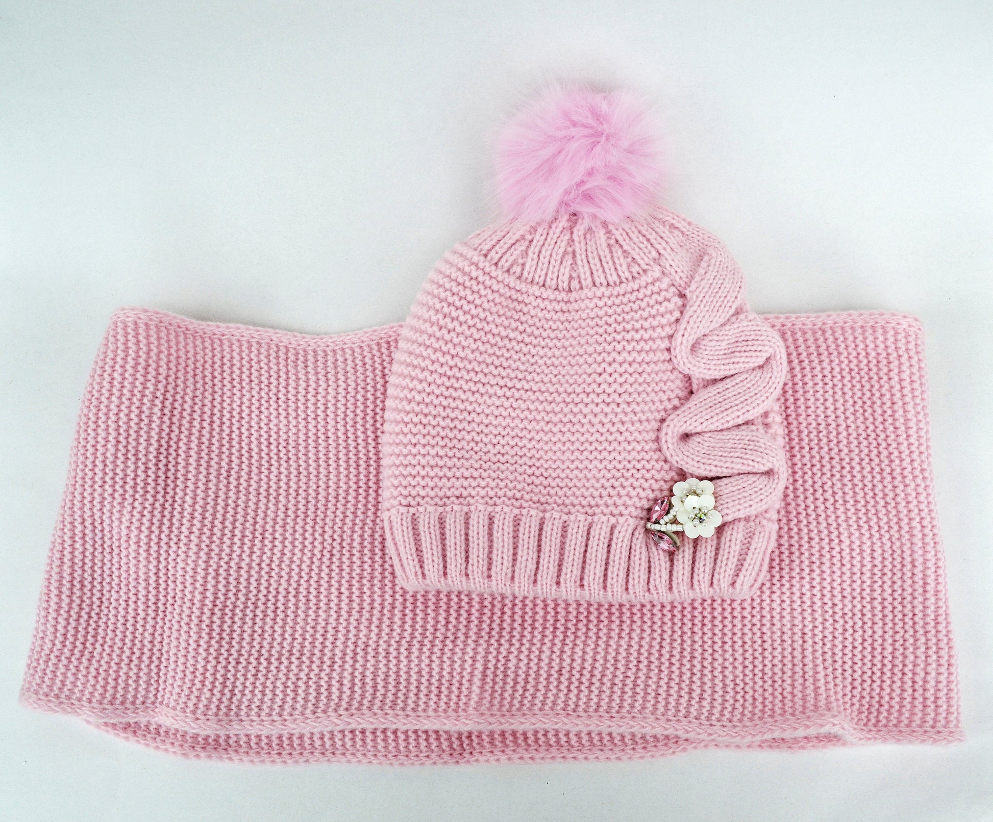 Crochet Girl Winter Hat and Scarf Set, Wool Blend Kids Beanie & Infinity Scarf, Faux Fur Pom Pom, Toddler 3-8 Gift