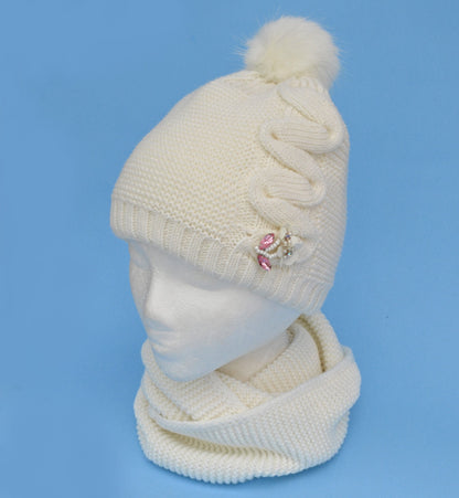 Crochet Girl Winter Hat and Scarf Set, Wool Blend Kids Beanie & Infinity Scarf, Faux Fur Pom Pom, Toddler 3-8 Gift