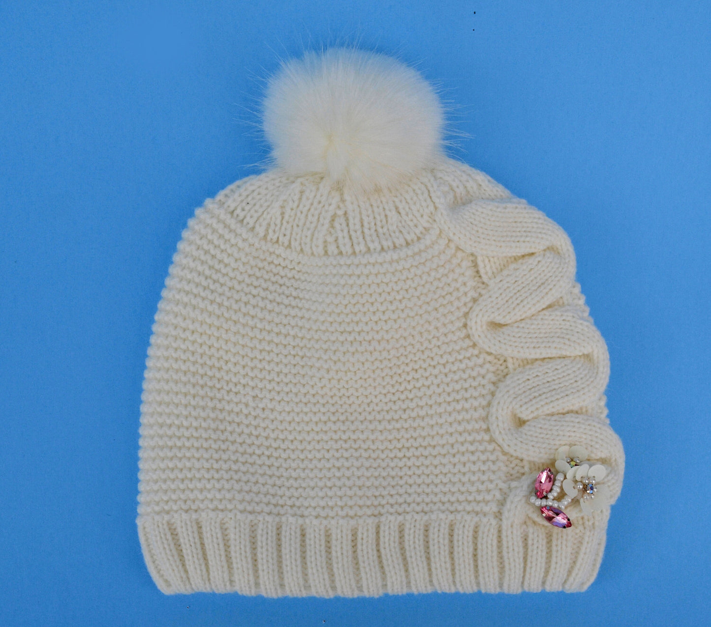 Crochet Girl Winter Hat and Scarf Set, Wool Blend Kids Beanie & Infinity Scarf, Faux Fur Pom Pom, Toddler 3-8 Gift