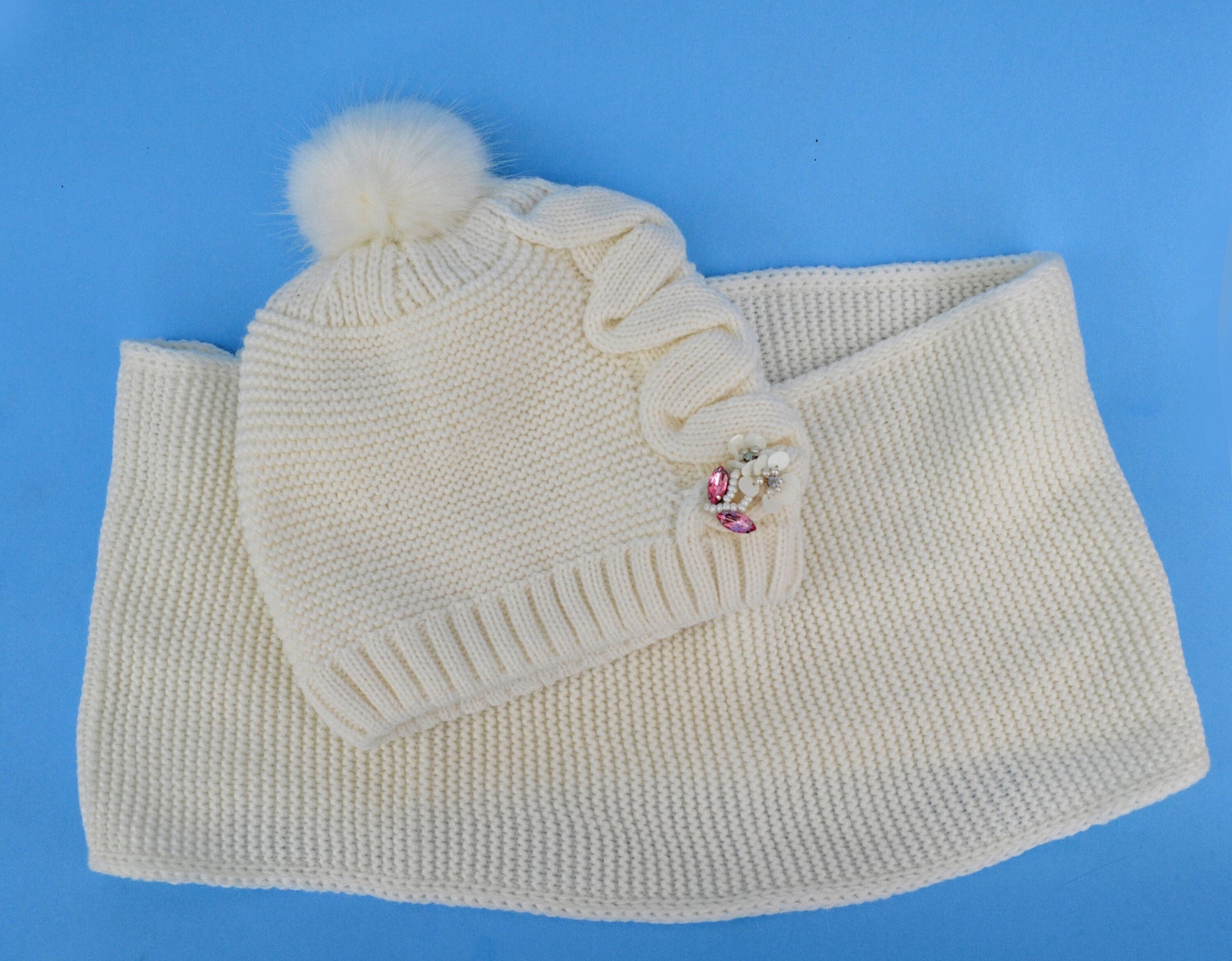 Crochet Girl Winter Hat and Scarf Set, Wool Blend Kids Beanie & Infinity Scarf, Faux Fur Pom Pom, Toddler 3-8 Gift