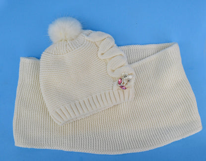 Crochet Girl Winter Hat and Scarf Set, Wool Blend Kids Beanie & Infinity Scarf, Faux Fur Pom Pom, Toddler 3-8 Gift