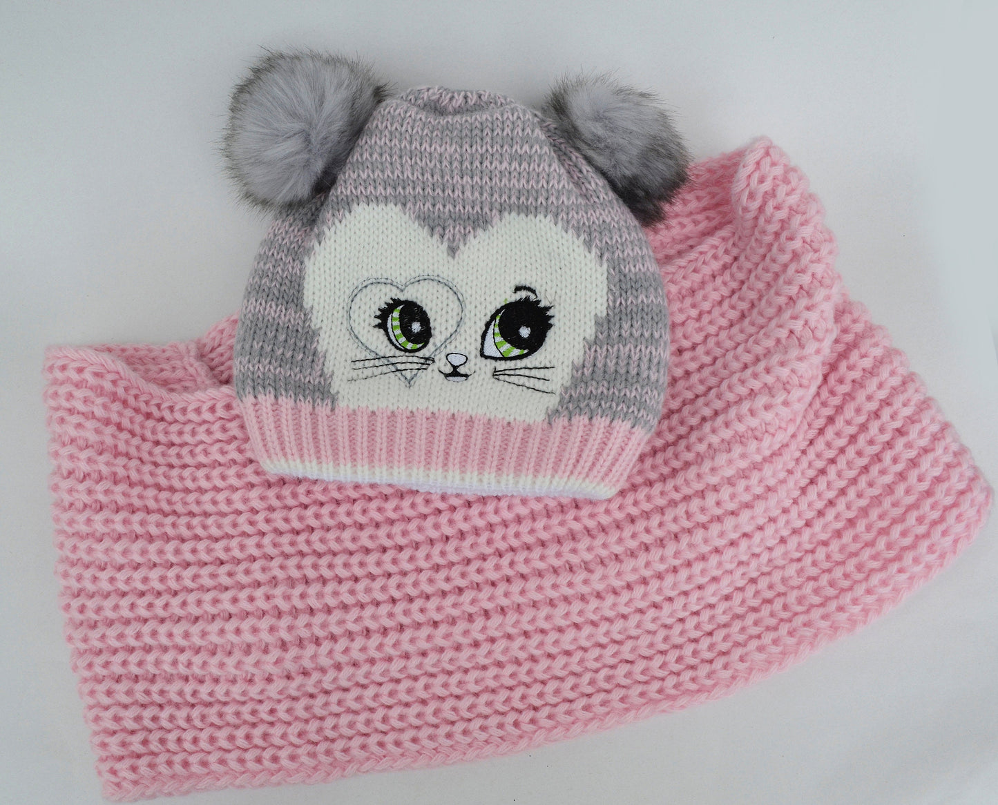 GIRLS HAT and Scarf with Cat Ears, Cat knitted Hat, Pom Pom Hat, Girl Hat, Child Winter Set, Knitted Scarf, Pom Pom Beanie, Toddler Girl Hat