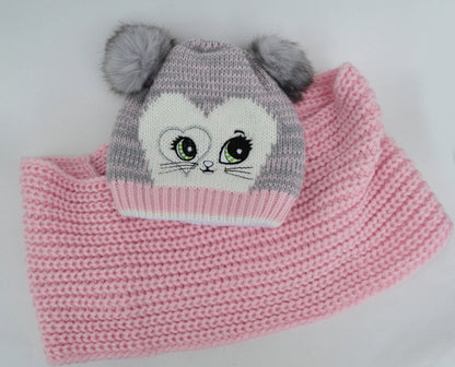 GIRLS HAT and Scarf with Cat Ears, Cat knitted Hat, Pom Pom Hat, Girl Hat, Child Winter Set, Knitted Scarf, Pom Pom Beanie, Toddler Girl Hat