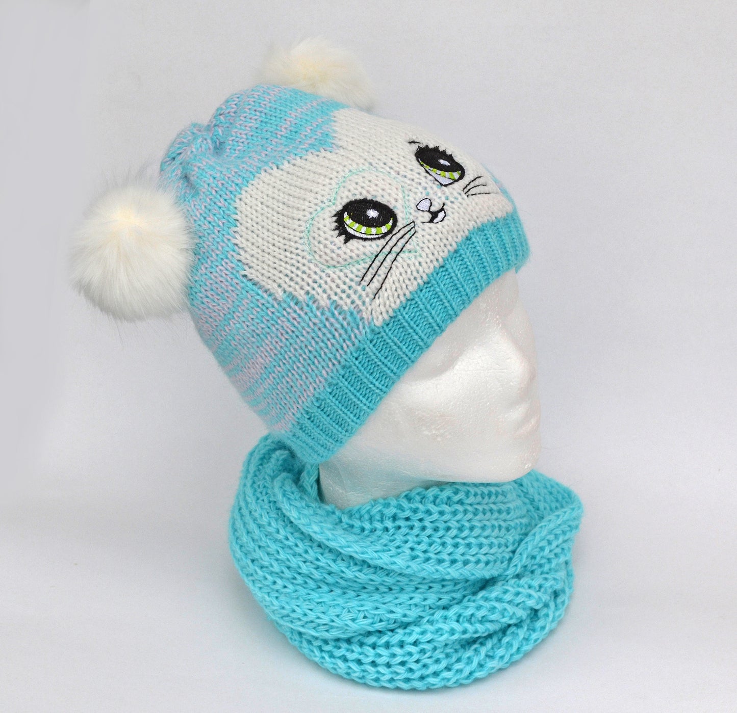 GIRLS HAT and Scarf with Cat Ears, Cat knitted Hat, Pom Pom Hat, Girl Hat, Child Winter Set, Knitted Scarf, Pom Pom Beanie, Toddler Girl Hat